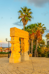A stone obelisk in the Hapisgah garden in Jaffa, Tel Aviv, Israel