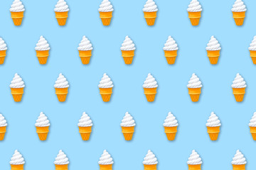 White Ice Cream Isolated on Pastel Blue Background. Eraser in Shape of Ice-Cream Dessert, Summer Minimalism. Abstract Bright Ice Cream Cones Food Pattern on Blue Texture, Copy Space Top View.