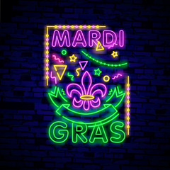 Mardi Grav is a neon sign. Bright glowing banner, neon billboard, neon advertising of carnival. Fat Tuesday Design template, greeting card, flyer. Vector illustration. Editing text neon sign