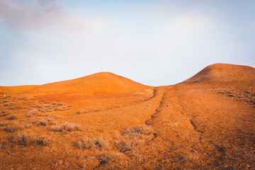 Yellow and red hills in hot desert. Steppe mountains