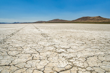 Vast desert floor with tire tracks leading into the distant mountains