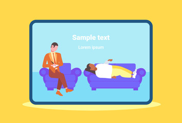 male doctor writing medical prescription for woman patient lying on couch at home healthcare medicine concept flat full length horizontal copy space