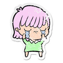 distressed sticker of a cartoon woman crying