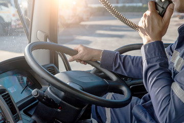 Truck Driver Making Talking Through Radio,Communication on the Highway,Concept transport on...
