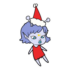 pretty line drawing of a alien girl wearing santa hat