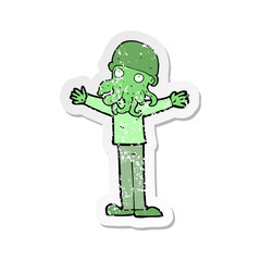 retro distressed sticker of a cartoon alien squid face man