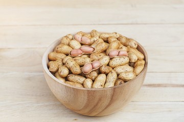 Roasted peanut, snack, in classic wooden bowl