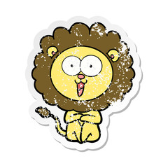 distressed sticker of a happy cartoon lion