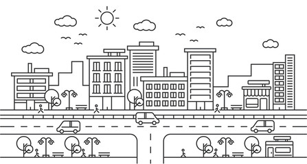City Street Landscape View with Buildings, Roads, Trees, Cars and Walking People. line art © talang