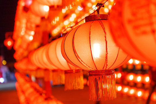 Close up chinese lanterns background during new year festival,Chinese New Year decorations,Spot focus.