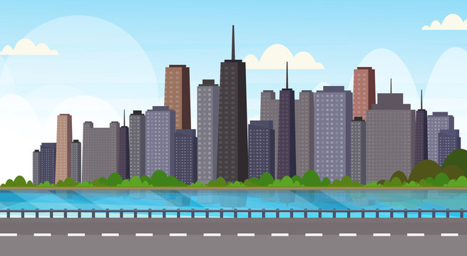 asphalt highway road over beautiful river city panorama high skyscrapers cityscape background skyline flat horizontal banner