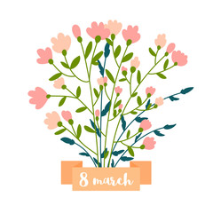 International Women’s Day greeting, bouquet of spring flowers, vector illustration.