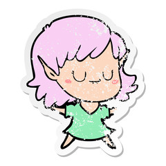 distressed sticker of a happy cartoon elf girl