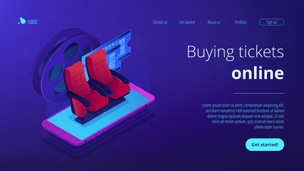 Buying tickets online isometric 3D landing page.