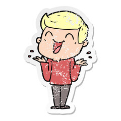 distressed sticker of a cartoon man laughing
