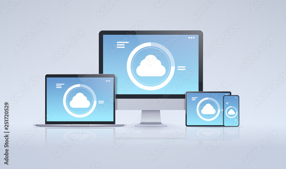 Poster internet connection mobile and computer application cloud synchronization tablet smartphone pc scree