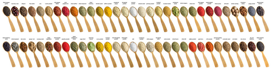 Spices and herbs for cooking delicious food. Collection seasoning is poured into wooden spoon....