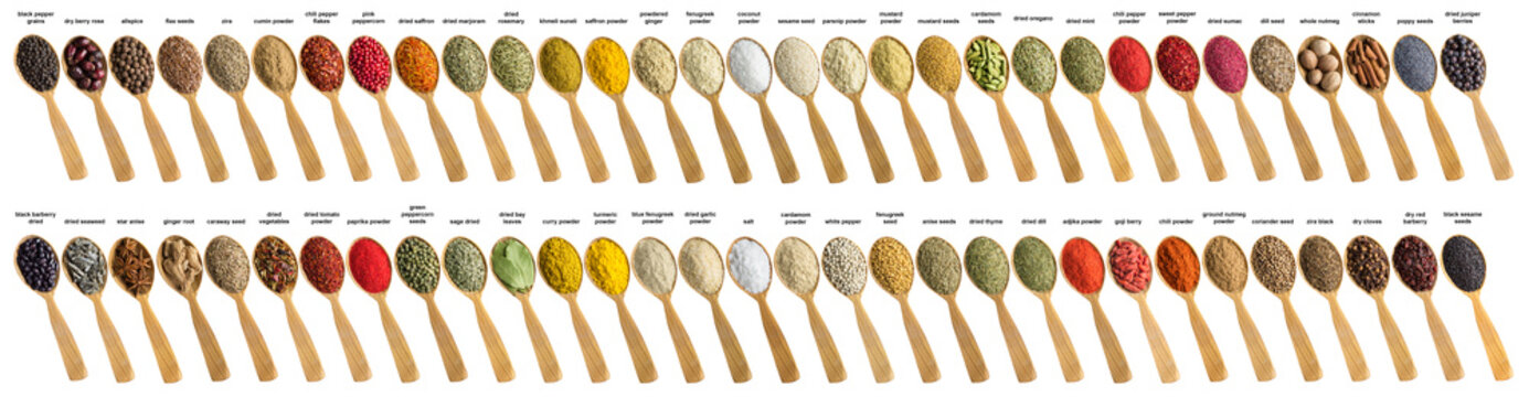 Spices and herbs for cooking delicious food. Collection seasoning is poured into wooden spoon. Flavoring isolated on white background.