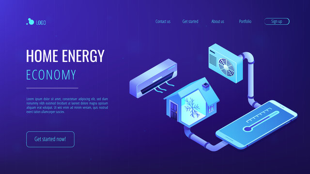 Air conditioning concept isometric 3D landing page.