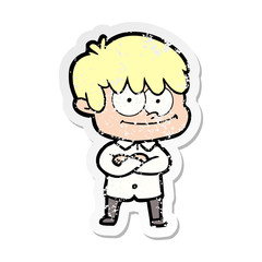 distressed sticker of a happy cartoon man