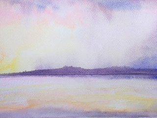 watercolor sea and mountain landscape pink sunset sky. © atichat