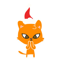 cute flat color illustration of a cat wearing santa hat