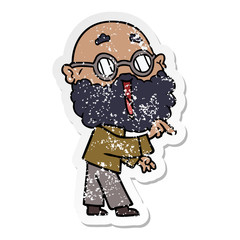 Fototapeta premium distressed sticker of a cartoon joyful man with beard pointing finger