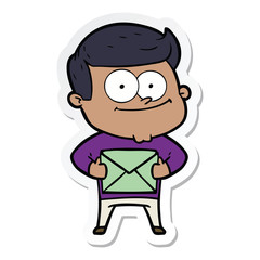 sticker of a cartoon happy man holding letter