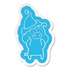 happy cartoon  sticker of a pig wearing santa hat