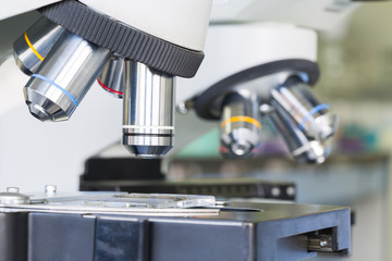 Close up of microscope at the blood laboratory, Concept Science and Technology
