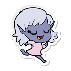 sticker of a happy cartoon elf girl running