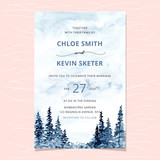 wedding invitation with pine trees forest watercolor background
