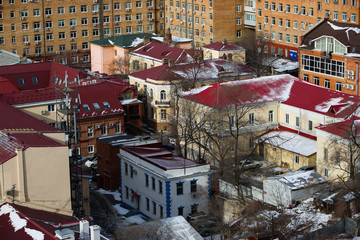2013 - Sea facade in the capital of the Far East, the city of Vladivostok. Sea trading port with...