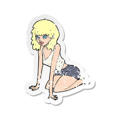 retro distressed sticker of a cartoon woman pulling sexy pose