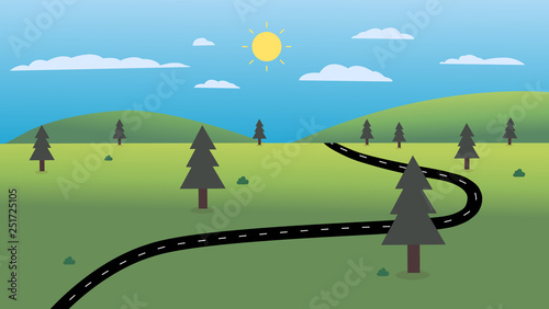 Country Road With Nature Landscape And Sky Background Vector