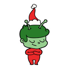 friendly line drawing of a spaceman wearing santa hat