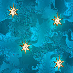 Seamless texture with stylized night clouds and hand-drawn stars. © tinkerfrost