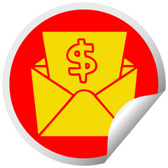quirky circular peeling sticker cartoon dollar in envelope