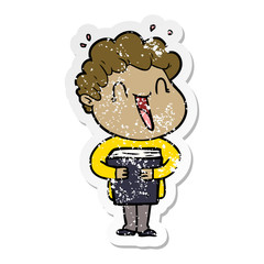 distressed sticker of a cartoon happy man