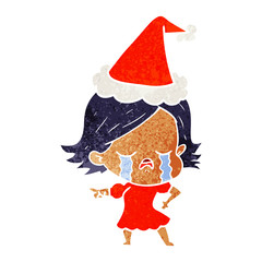 retro cartoon of a girl crying and pointing wearing santa hat