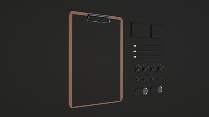 Clipboard, business cards, binder clips, badges and pencils