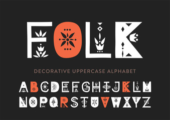 Vector display uppercase alphabet decorated with geometric folk patterns - obrazy, fototapety, plakaty
