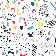 Vector seamless pattern made of colorful flat shapes and black structures