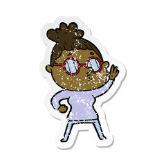 distressed sticker of a cartoon woman wearing glasses