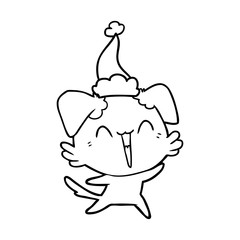 happy little dog line drawing of a wearing santa hat