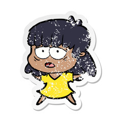 distressed sticker of a cartoon tired woman
