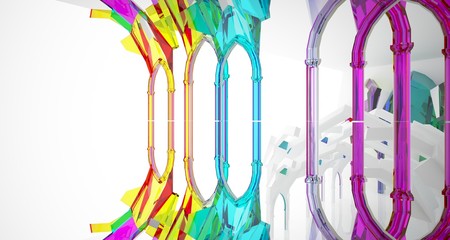 Abstract white and colored gradient glasses gothic interior. 3D illustration and rendering.