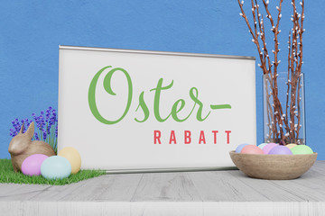 Osterrabatt Schild/Werbung. Dekoration für Ostern mit Banner, Ostereier, Osterhase, Nest und Zweigen.