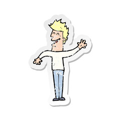 retro distressed sticker of a cartoon happy man waving