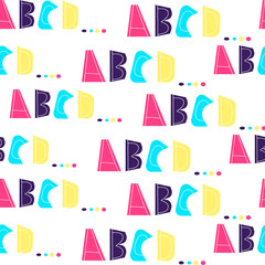 Seamless pattern with letters of alphabet A, B, C, D. Bright neon colors on white background. Letters are drawn by hand. For decor of children's books, textiles, cards, posters. Scandinavian style.